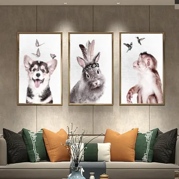 Lienzo Pintura al Óleo de dibujos animados Animales Perro Conejo Pato Mono Gato cartel Para la Habitación de los Niños de los Cabeceros de las Pinturas Decorativas
