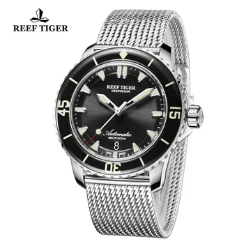 Los arrecifes de Tigre/RT Vintage Luminoso Relojes de Deporte para Hombre Negro Correa de Acero Inoxidable Automático de los Relojes de Buceo con Fecha RGA3035