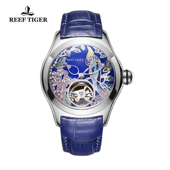 Los arrecifes de Tigre de la parte Superior de la Marca de Lujo de las Mujeres Relojes Correa de Cuero Azul Analógico Relojes Mecánicos de Acero Relojes de Deporte RGA7105