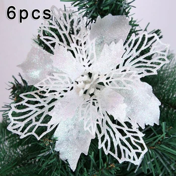 Lote de 6 a 16 cm de Navidad flor de pascua de Flores Artificiales de Brillo de la flor de pascua de Navidad Adornos del Árbol Decorativo Floral Accesorios