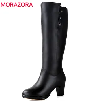 MORAZORA 2020 nuevas lana natural de la rodilla botas altas de las mujeres ronda del dedo del pie de cuero genuino botas de moda hihg los tacones de invierno botas de nieve de piel