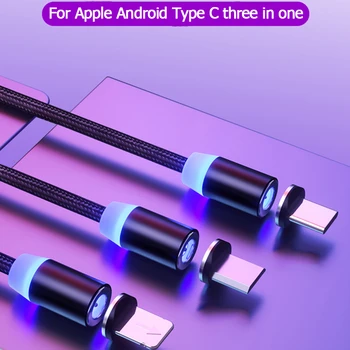 Magnético Cable de Carga USB de Tres-en-uno el Cable de Datos del Cabezal de Succión 360 Círculo Ciego Aspiración Android Tipo C IOS Imán Línea