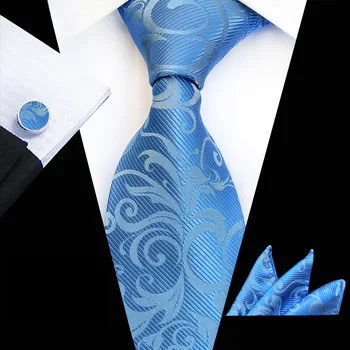 Mens Lazos de Luz Azul de Paisley Corbata pañuelo de Bolsillo de Gemelos Conjunto Corbatas de Tres piezas Traje de los Hombres de la Moda de Jacquard de Seda de la Corbata