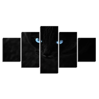Modular HD Imprime el Cartel de la Lona de las Fotos 5 Piezas Gato Negro de Dos Ojos de color Azul Luminoso Pintura de Decoración de la Pared de la Sala de Arte de Marco