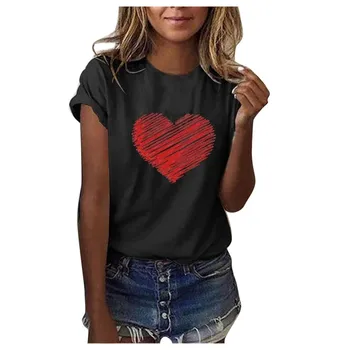 Mujeres Camiseta de Impresión de Corazón el Día de san valentín Casual de Manga Corta de la Camiseta O de Cuello de forma de Corazón Pullover Tops, Camisetas, ropa mujer