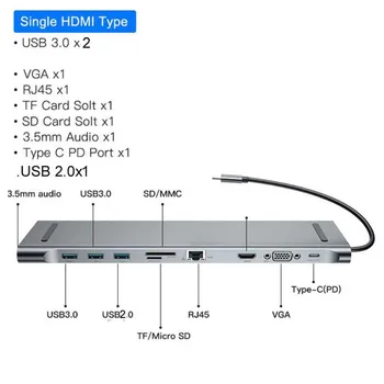 Multifuncional 10 en 1 Tipo-C Universal de la Estación de Acoplamiento del Soporte de la Pantalla de Vídeo USB 3.0 HD Adaptador Divisor de Concentrador CONCENTRADOR Portátil