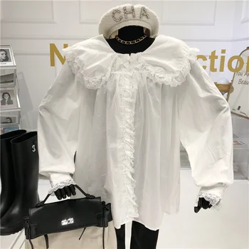 Muñeca de Cuello Blanco de la Camisa de Manga Larga de las Mujeres Otoño / invierno 2020 de la Moda Nueva hongo Negro de encaje de encaje de la Linterna de la Manga con la parte superior