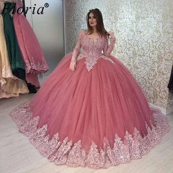 Más El Tamaño De Musulmanes De Color Rosa Vestidos De Novia De 2020 Vestido De Bola De La Princesa Vestidos De Novia De Manga Larga De Encaje Vestidos De Novias Vestido De Noiva