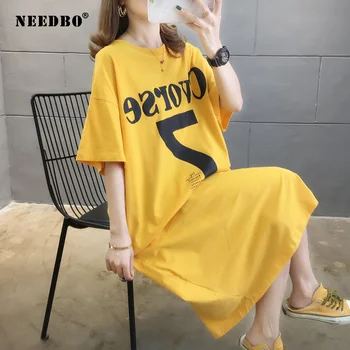 NEEDBO Larga Camiseta Vestido Oversize de las Mujeres Casual de la camiseta de las Mujeres de corea de la Carta de Manga Corta de la Camiseta Femme Partido Flojo T-shirt Tops