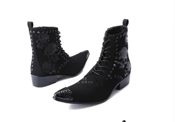 Negro del Diseñador de los Hombres de cuero genuino botas de tobillo de la moda cráneo patrón de Metal de la cabeza, botas de dedo del pie puntiagudo zapatos oxford
