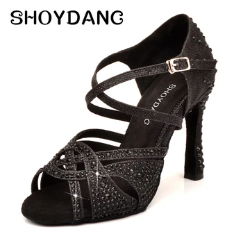 Negro rhinestone de baile latino zapatos de las señoras de flash de fondo suave zapatos de baile interior del partido de baile de salón de baile de chicas zapatos nuevos