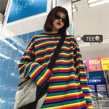 NiceMix de la camiseta de las mujeres del o-cuello de camisetas camiseta de manga larga de Harajuku streetwear coreano Causal suelto arco iris de rayas T-shirt para las mujeres