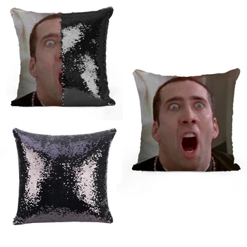 Nicolas Cage cara a Cara con lentejuelas almohada - lentejuelas funda de almohada - dos de color almohada - dos manera de almohada, almohada mágica - almohada
