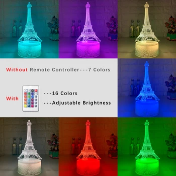 Nueva 3d Led Luz de la Noche Creativo Torre Eiffel Niños Lámpara de Mesa Ilusión de Holograma Dormitorio Sala de estar 7 Colores Usb Led de Luz de las Lámparas