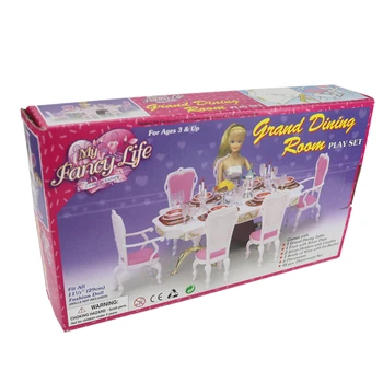 Nueva Llegada de la Muñeca Accesorios de los Muebles de la Casa Moderna Mesa de Comedor con 6 Sillas Tablewares para Barbie Navidad los Niños/Regalo de Cumpleaños