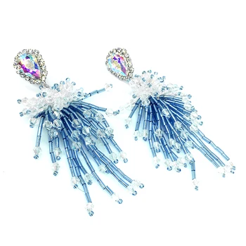 Nueva llegada de corea de diseño hechos a mano pendientes de la gota de azul de bolas de larga borla de la flor de fuegos artificiales de la fiesta de vacaciones de la moda de la joyería para las mujeres