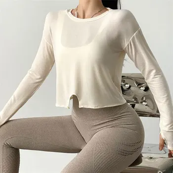 Nuevo Top de Yoga de las Mujeres de manga Larga Gimnasio Recortar la parte superior de Deportes Jersey Slim Fit camisa de la Aptitud de la Yoga de la parte Superior de Invierno de Entrenamiento Femenino Camisetas de Gimnasio
