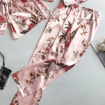 Nuevo de la Moda de 3PCS Pijama Conjunto Sexy de la Flor de Impresión de ropa de dormir de las Mujeres Fresca en Verano Pijamas Para Mujeres en V Profundo Manto de Sueño Salón