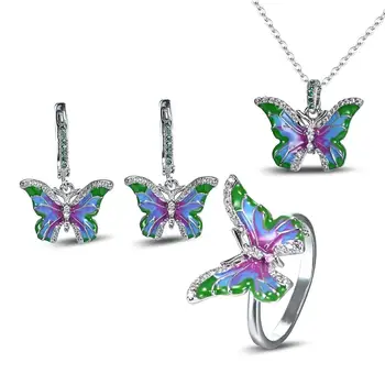 Nuevo de la Moda de lujo exquisito S925 colorido esmalte de la mariposa de la flor geométrica de las señoras de la participación del regalo de boda de la joyería conjunto