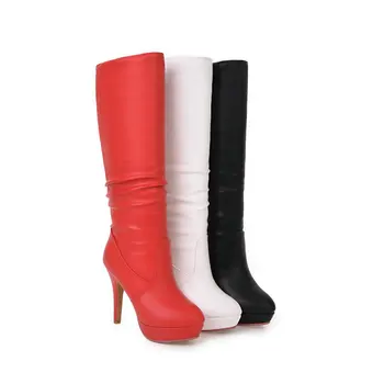 Nuevo invierno cálido altura de la Rodilla para las Mujeres Botas de 2018 Sexy Delgada Tacones Dedo del pie Redondo de la Plataforma negro rojo blanco Botas de Damas Tamaño 34-43