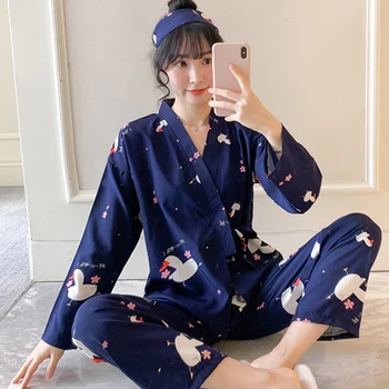 OUSHANG de Hielo de seda de manga larga pijama Conjunto de Niña ropa de dormir primavera otoño damas sexy traje de dibujos animados lindo de ropa de hogar 2020 Dormir