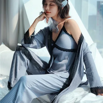 Otoño Invierno 2019 Mujer Algodón Pijamas De Conjuntos De 3 Piezas De Encaje Pijamas Ropa De Dormir Ropa De Dormir De Encaje Elegante Pijama Ropa De Hogar