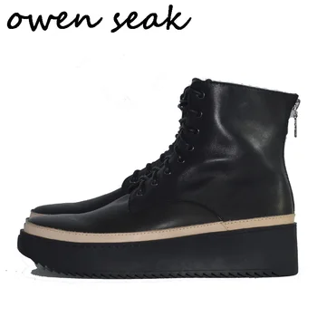 Owen Seak los Zapatos de los Hombres de Cuero Genuino de Cremallera en el Tobillo Aumentar de Lujo Formadores de Invierno Botas de Nieve Casual con cordones de los Pisos de la Zapatilla de deporte Negro