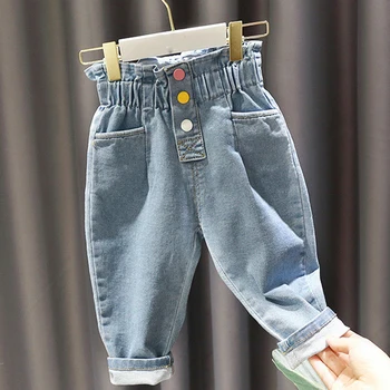 Pantalones De Los Niños 2020 Otoño Nuevos Niños Y Niñas De Corea A Mediados De Cintura De Encaje Elástico En La Cintura De Tres Colores Bolsillo Casual Botón De Los Pantalones Vaqueros