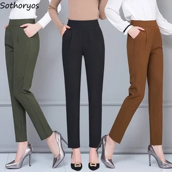 Pantalones de Mujer Delgada Cintura Elástica Sólido Casual Elegante partido Simple Moda Largo Harén Pantalones de Mujer de corea Diario Cómodo