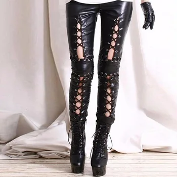 Pantalón de Cuero de imitación de Punk Rock Leggings Sexy Gótico, Encaje Negro Hasta Vendaje Polainas Calzas Mujer Leggins Mujer Leggings