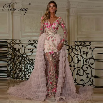 Personalizado Rosa Flores 3D de Vestidos de fiesta Con cola Desmontable Medio Oriente 2020 Ver a Través de una Fiesta Formal Vestidos de Traje de gala