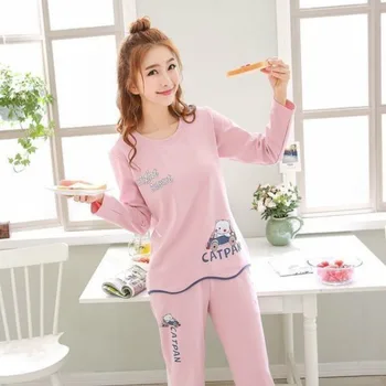 Pijama Conjuntos de las Mujeres de Manga Larga Suelta de Impresión Elegante de Ocio de la Primavera al Estilo coreano ropa de hogar Mujer Pijamas Chic de la Moda 2pcs Set Nuevo