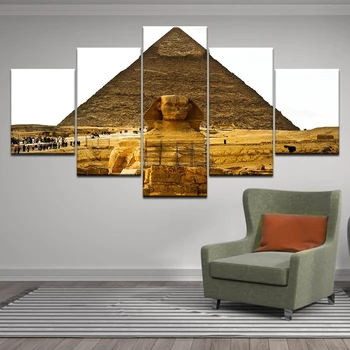 Pintura en tela, Arte de la Pared Decoración del Hogar cuadro 5 Piezas Egipto Pirámide Estatua del Desierto Moderno HD Impreso Sol Brilla Fotografías de Paisaje
