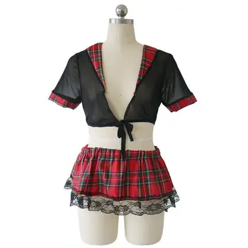 Plus Tamaño xxxl Niña de la Escuela de Preparación Uniforme de Estudiante de la tela Escocesa Bra Top de Encaje Mini Falda de Lolita de Vestuario de la Mujer Lencería Sexy