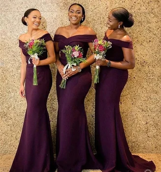 Púrpura De La Sirena Vestidos De Dama De Honor 2020 Nueva Caliente De Las Mujeres Africanas Fuera Del Hombro Vestidos Largos De Tren De Barrido De La Boda Vestido De Fiesta Formal