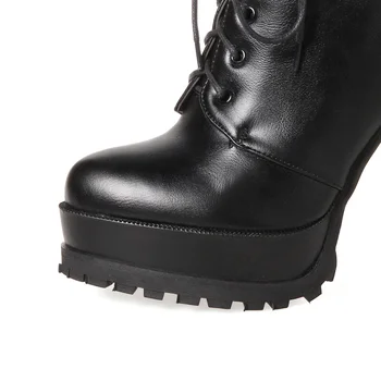 QZYERAI Otoño invierno de las mujeres de cuero botas de tacón alto botas de montar de tobillo lazada de botas de cuero zapatos de tamaño 34-43 envío gratis
