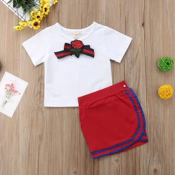 Recién a los Niños de las Niñas de Bebé de la Ropa de los Conjuntos de Arco de Flores Lazo Tops de Manga Corta T-shirt Faldas 2pcs de Algodón Trajes Conjunto de Niña de 1-5T