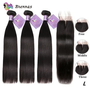 Recta humanos paquetes para el cabello con cierre para las mujeres de brasil tejer del pelo 4x4 cierre de encaje color natural Remy de cabello 8