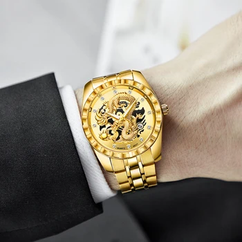 Relogio masculino Wlisth de Calidad de la Marca de Cuarzo reloj Exquisito 3D que Talla Dragón Reloj de los Hombres Reloj de Diamantes de línea Luminosa Hombre Reloj