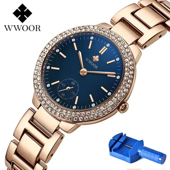 Reloj de mujer 2020 WWOOR 8854 las Mujeres del Reloj de Oro Rosa de diamantes de imitación de Cuarzo Relojes de Señoras Impermeable Montre Femme Con la Herramienta de Dropship