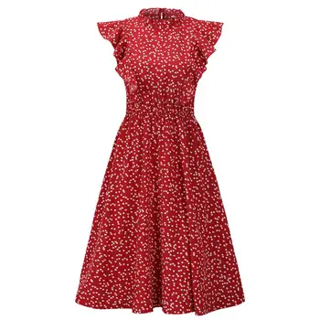 Ruffle Vestido de las Mujeres Elegantes de Verano de la Impresión Floral de Gasa Una línea de Vestido Casual Equipada Ropa De Rodillas 2020 Vestidos Rojos Para las Mujeres