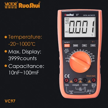 RuoShui VC97 AC DC Multímetro Digital de Verdadero valor eficaz 3999 Dígitos Resistencia Capacitancia Frecuencia Temperatura Multimetro Eléctrica