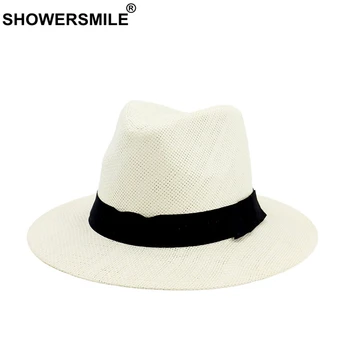 SHOWERSMILE Verano Sombrero de Paja de los Hombres de color Caqui de Playa, Sombreros de Sun de la Tapa de Protección de Ala Ancha Sólido Sombrero de Panamá Casual Jazz Sombrero Negro de la Marina