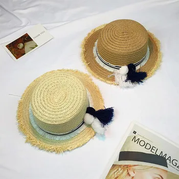 Seioum de la moda Superior Plana Paja Navegante Sombreros para el Verano de las Mujeres de los Hombres de Ala Ancha Playa de Sombreros para el Sol con grandes Borlas Diseño Único de Sombrero de Paja