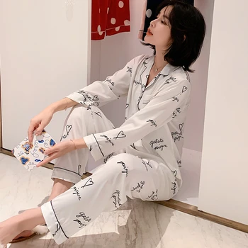 Señoras pijama de nieve de hielo de seda de manga larga de dos piezas de moda de la carta de ocio y cómodo servicio a domicilio traje JJF0134