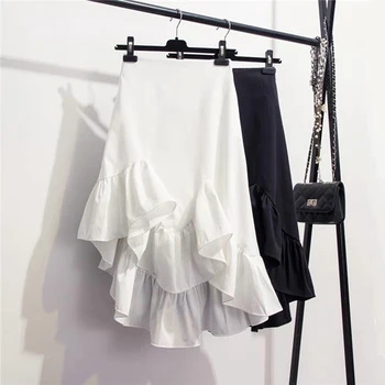 Shintimes 2020 Verano Otoño Vintage Irregular Volantes Faldas De Cintura Alta Para Mujer Blanco Negro Estilo Coreano Falda Asimétrica
