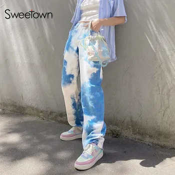 Sweetown Tie Dye Streetwear Pantalones de Carga de las Mujeres Estilo Preppy Girl de Vacaciones de Trajes de Talle Alto, Recto Pantalones Jogger Gótico Y2K