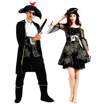Umorden Halloween Pirata Disfraces De Adultos Hombres Mujeres Capitán Del Traje De Pirata De Oro Negro De La Impresión De Fantasía De Carnaval Cosplay Pareja