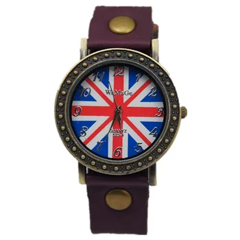 Unisex casual vestido de bandera Británica Reloj de diseño retro 14 colores de la correa de cuero de la Marca womage de la moda del reino unido de la bandera de las mujeres de Cuarzo reloj de pulsera
