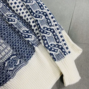 V-cuello Azul a Rayas de Punto de Jersey Suéter para Mujer de la temporada Otoño-Invierno del Diseñador de Lujo Ropa Femenina Puente Jersey